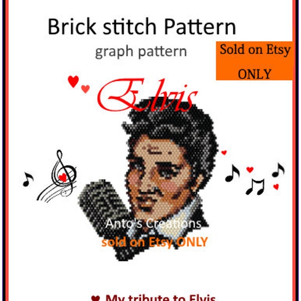 Elvis beading Brick stitch pattern, bead graph pattern, miyuki delicas pattern,PDF format, Instant download