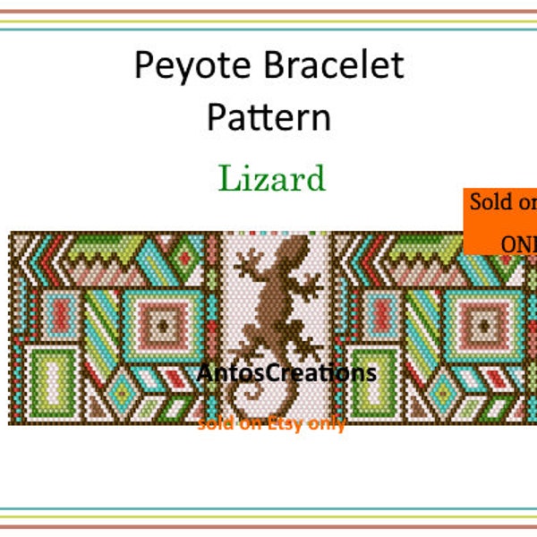 Eidechse im Boho-Stil, Peyote-Muster, Perlenwebmuster (PDF pro Armband) mit bunten Geometrien, buntes Peyote-Band