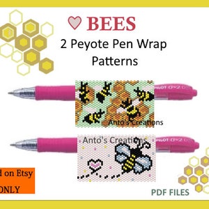 Può includere: Due modelli digitali per la perlatura a punto peyote, con disegni di api e favi. I modelli sono per avvolgitori di penne e vengono venduti come file PDF su Etsy.