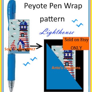 Può includere: Un modello di avvolgimento per penna a punto Peyote con un faro di colore rosso, bianco e blu. Il modello è disponibile per l'acquisto su Etsy.