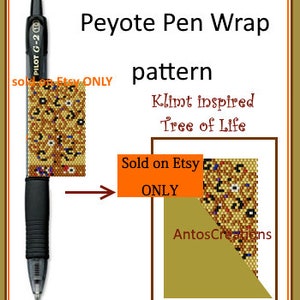 May include: A pen wrapped in a peyote stitch beaded pattern inspired by Klimt's Tree of Life. The pattern is in gold, brown, and black with small accents of blue and white. The pattern is sold on Etsy.