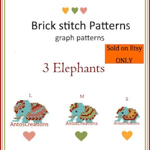 May include: Three brick stitch elephant patterns in different sizes: large, medium, and small. The patterns are in blue, brown, and orange colors. The patterns are available for purchase on Etsy.