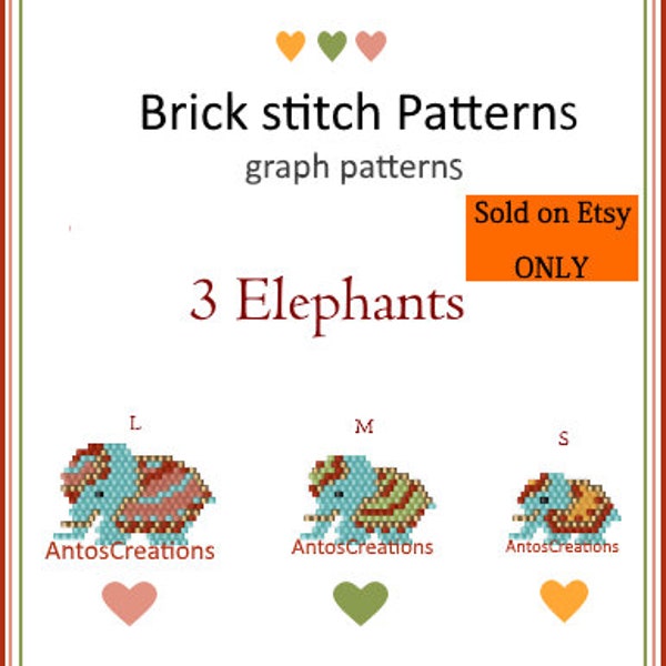 3 petits éléphants indiens du plus petit au plus grand, schémas Brick Stitch pour réaliser des Charms, pendentifs, broches, boucles d'oreilles, etc., PDF