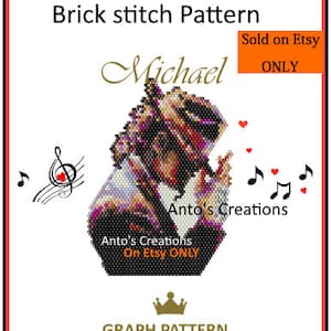 Puede incluir: Un gráfico de punto de ladrillo para un retrato de Michael con cuentas, con notas musicales y corazones. El patrón se vende solo en Etsy. Anto's Creations.