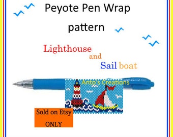 Faro n.2 con onde del mare e barca a vela, schema Peyote per rivestire,decorare e personalizzare le proprie penne (6 colori). Idea regalo