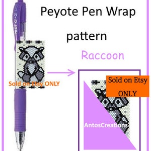 May include: A peyote stitch pen wrap pattern featuring a raccoon. The pattern is available for purchase on Etsy. The image shows a purple pen with the completed pen wrap and a close-up of the pattern.
