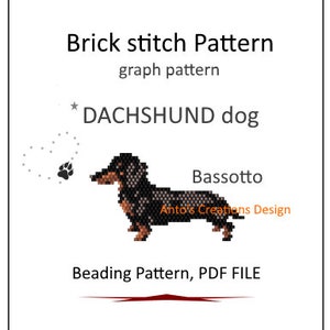 Könnte beinhalten: Ein Stickmuster für einen schwarzen und braunen Dackel, beschriftet mit "Brick stitch Pattern, graph pattern, *DACHSHUND dog, Bassotto, Anto's Creations Design, Beading Pattern, PDF FILE".