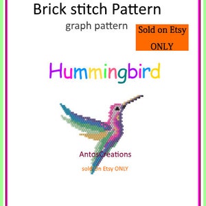 May include: A digital brick stitch pattern featuring a colorful hummingbird design. The image includes the text "Brick stitch Pattern" and "Hummingbird". The hummingbird is rendered in pixelated detail with shades of blue, green, pink, and yellow.