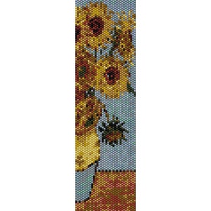 May include: A close-up of a painting depicting sunflowers in a vase. The sunflowers are yellow with brown centres and are arranged in a vase on a table. The background is a light blue.
