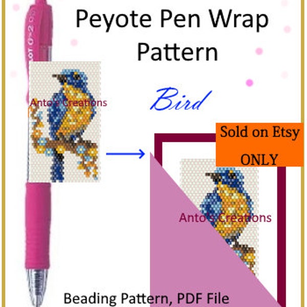 Bird Beading Pattern,Blue Bird with flowers,Pen Wrap/Pen Cover Pattern for G2 Pen by Pilot,Peyote stitch,Even Count Pattern,PDF files