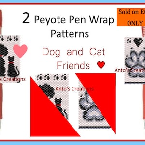 Könnte beinhalten: Zwei Peyote-Stich-Stiftumwicklungsmuster mit einem Hund und einer Katze sowie einem Pfotenabdruck. Die Muster sind schwarz-weiß auf weißem Hintergrund. Der Text "Nur auf Etsy verkauft" befindet sich in der oberen rechten Ecke des Bildes.