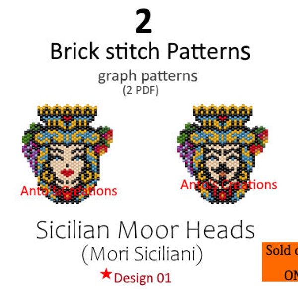 Teste di Moro Siciliani,2 Schemi Brick Stitch per realizzare Ciondoli,Spille,Orecchini,Charms,Connettori Bracciali,2 PDF,file digitali