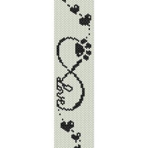 May include: Black and white beaded bracelet with an infinity symbol design, paw prints, and hearts.
