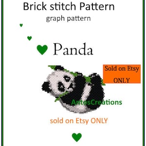 May include: A black and white panda bear holding a green bamboo stalk. The image is a brick stitch pattern graph for beading. The text "Panda" is above the panda and the text "Sold on Etsy ONLY" is in the upper right corner.