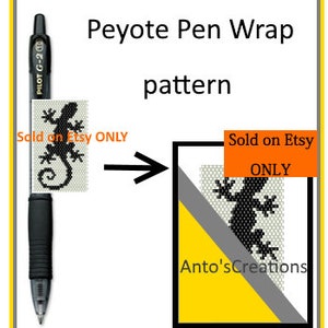 Puede incluir: Un patrón de envoltura de bolígrafo de punto de peyote en blanco y negro con un diseño de lagarto. El patrón está disponible para su compra en Etsy de Anto's Creations.
