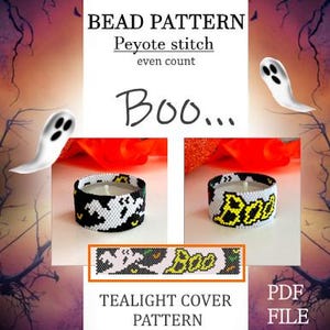 Op de afbeelding: Een Halloween-kralenpatroon voor een theelichtcover. Het ontwerp toont een spook en het woord "Boo" in zwart, wit en geel. De tekst bevat "BEAD PATTERN" en "TEALIGHT COVER PATTERN".