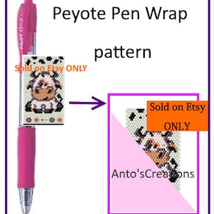 May include: A pattern for a peyote stitch pen wrap featuring a cow design. The pattern is available for purchase on Etsy. The image shows a pen with the finished pen wrap and a close-up of the pattern.