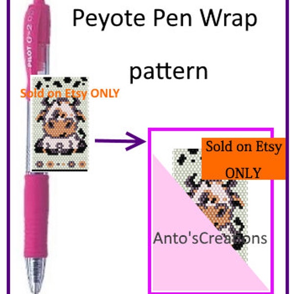 Sweet Cow bead PEYOTE Pen Wrap Pattern, Pen Cover Pattern for G2 pen by Pilot, even count Peyote stitch, PDF, Instant download, Gift Idea