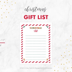 Christmas List - Gift List - Christmas Gift List - Christmas Wish List - 8.5x11&quot; PDF