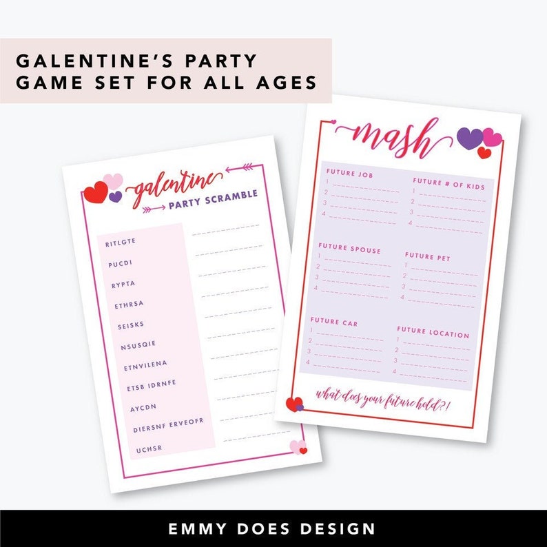 Valentines Day Games MASH Game Word Scramble Galentine Party Game Instant Download 5x7 Printable image 1