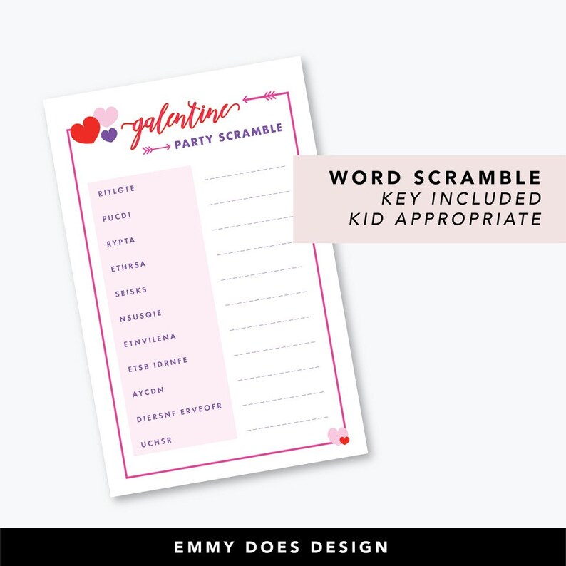 Valentines Day Games MASH Game Word Scramble Galentine Party Game Instant Download 5x7 Printable image 3