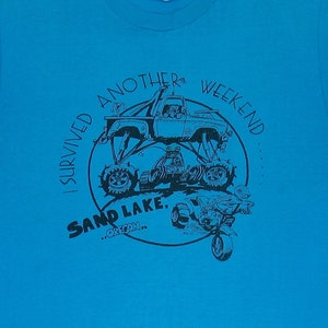 Sand Lake Oregon T Shirt, Medium Blue Tee, Single Stitch, I Survived Another Weekend, Dune Buggy