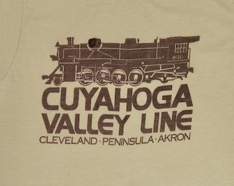 Maglietta del treno dell&#39;Ohio, linea Cuyahoga Valley, maglietta XS a punto singolo, ferrovia sottile di carta beige marrone chiaro anni &#39;70 anni &#39;80