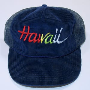 Hawaii Baseball Cap, Corduroy Snapback, Rainbow Logo, Navy Blue, Adjustable Trucker Hat embroidered