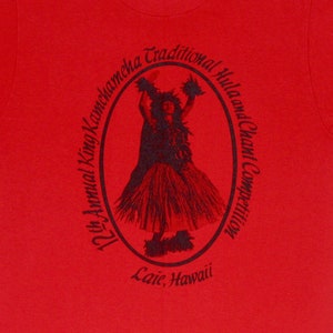 King Kamehameha Hula T Shirt, Small Single Stitch, Red Hawaii Tee, Dance Competition 80s pacific islands HI