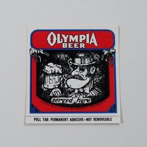 Pegatina de cerveza Olympia, calcomanía clásica de bar, se sirve aquí, dibujo retro, pub, bebida, agua, arte, Rainier, Washington, años 70 y 80.
