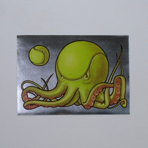 Octopus Decal, Weird Vending Sticker, Tennis Ball, bizarre abstract pop art Kraken strange odd silver green foil