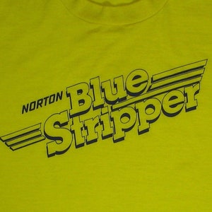 Norton Blue Stripper T Shirt, M Single Stitch, Yellow Tee, logo brand Screen Stars 70s 80s