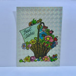 Best Wishes Prism Sticker, Flower Bouquet Decal, Silver Foil Greeting, Good Luck, 80s Thank You Basket
