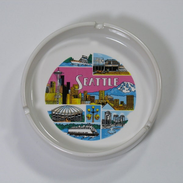 Vintage Seattle Ashtray Washington state 80s bar decor bright neon ceramic vaporwave city scene pnw pacific northwest tobacco smoker