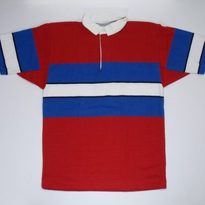 Lands End Rugby Shirt, Medium Striped Polo, Colorblock, Red White Blue, Button Collar 80s 90s