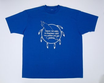 Dreamcatcher T Shirt, 2XL Single Stitch, Blue Tee, Code for Long Life, Honor the Aged Wisdom Ojibwe phrase quote 80s 90s
