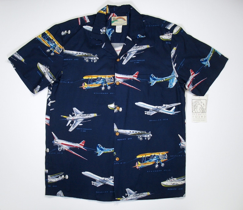 New Vintage Paradise Found Hawaiian Shirt M 80s airplane theme pilot flying flight Navy Blue button up short sleeve magnum pi NWT tropical