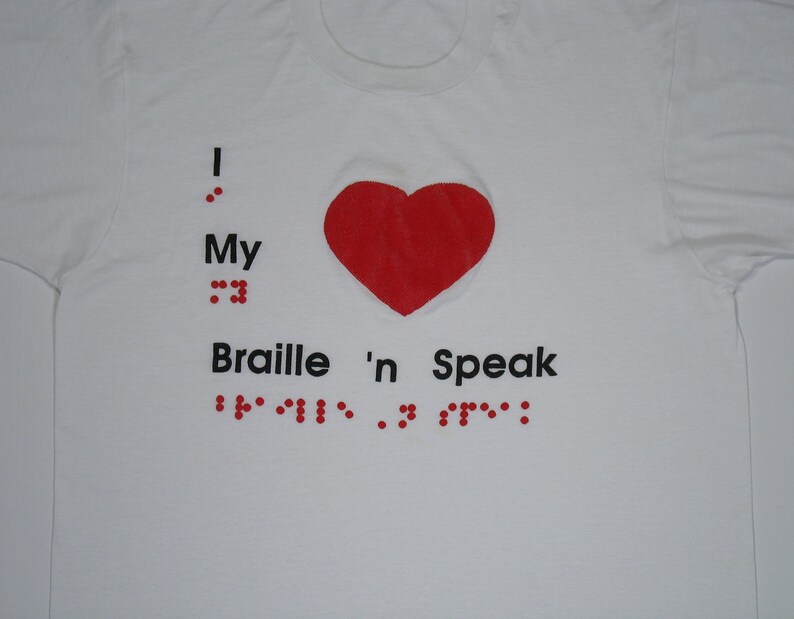 Vintage Braille T Shirt ML white soft paper thin tee I Heart Love screen stars red puff paint speak blind visually impaired Single Stitch