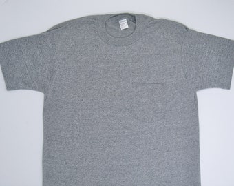 Maglietta a punto singolo anni &#39;80, maglietta grigia mélange vuota, camicia con tasca grande semplice, JCPenney Royal Comfort