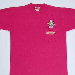 Mickey&#39;s Toontown T Shirt, M Pink Pocket Tee, Single Stitch, Minnie Mouse, Walt Disney Cartoon 80s 90s