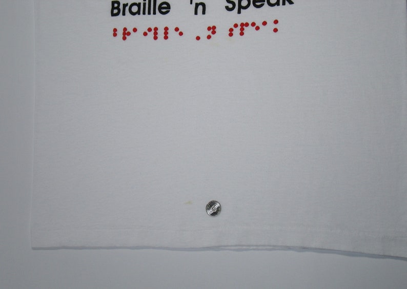 Vintage Braille T Shirt ML white soft paper thin tee I Heart Love screen stars red puff paint speak blind visually impaired Single Stitch