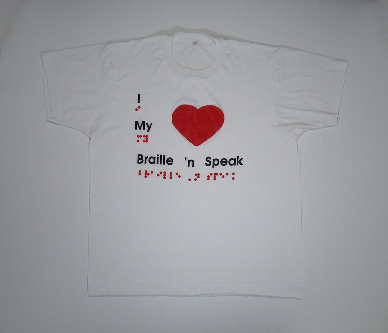 Vintage Braille T Shirt ML white soft paper thin tee I Heart Love screen stars red puff paint speak blind visually impaired Single Stitch