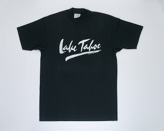 Lake Tahoe T Shirt Black Single Stitch tee Medium Paper Thin Butter Soft Vintage California Nevada 80s