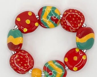Kazuri Ceramic Beaded Bracelet, Red Yellow Green, African Fair Trade Beads, 8 Inch Length