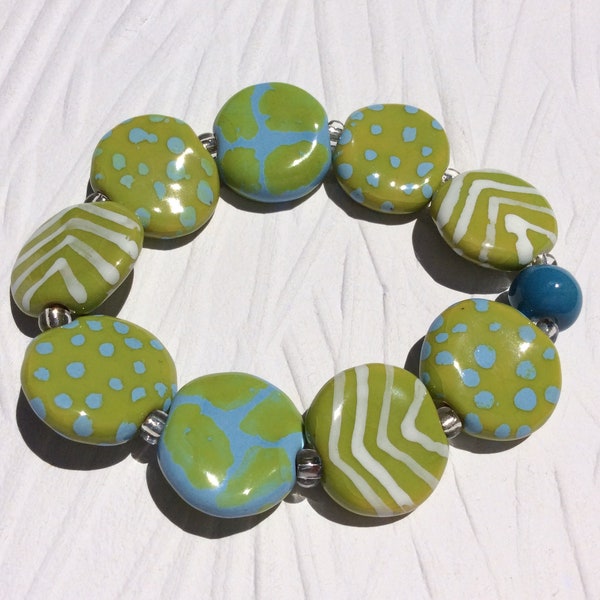 Kazuri Bracelet of Apple Green White and Sky Blue,  African Fair Trade Ceramic Beads, One of a Kind Bracelet, Handmade