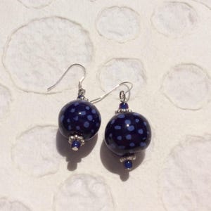 Navy Kazuri  Earrings, Handmade One of a Kind, Sterling Silver Fishhook Wires
