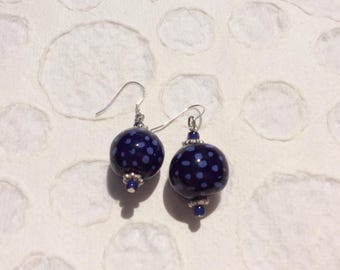 Navy Kazuri  Earrings, Handmade One of a Kind, Sterling Silver Fishhook Wires
