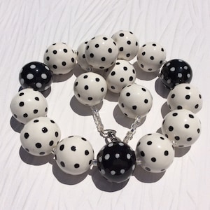 Choker Necklace of White and Black Dotted Beads, Handmade One of a Kind, Stainless Steel Lobster Clasp