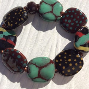 African Kazuri Brown Black and Green Ceramic Bracelet, African Fair Trade Beads, Handmade One of a Kind, Statement Bracelet