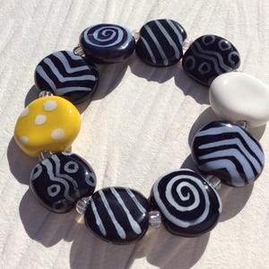 Kazuri Bracelet of Navy Blue White and Yellow, African Fair Trade Beads, Ceramic Beads, One of a Kind, Handmade Beads
